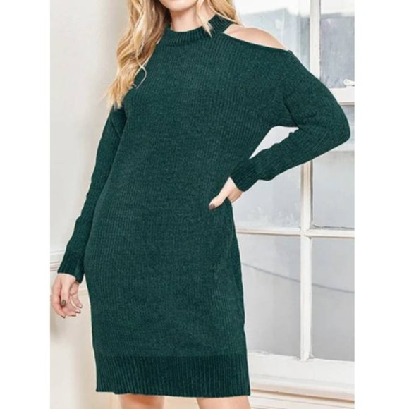 Lulus Emerald Green Cold Shoulder Sweater Dress - Picture 2 of 5